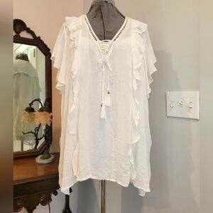 NWT 2X American Rag Cie Ruffly White Blouse w/Tie Back